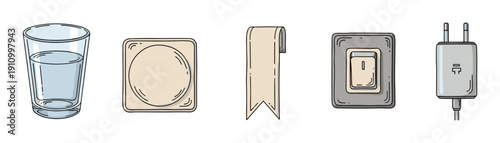 Set of five hand-drawn household objects including a glass of water, dimmer, bookmark, light switch, and charger plug in a simple doodle cartoon vector illustration style