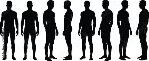 Multiple male human body silhouettes presented in black and white from different perspectives including frontal and profile views