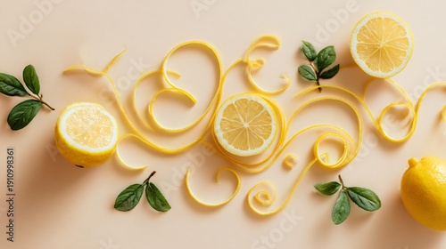 Citrus vinaigrette with zest spirals arranged artistically, minimalist layout, pastel backdrop