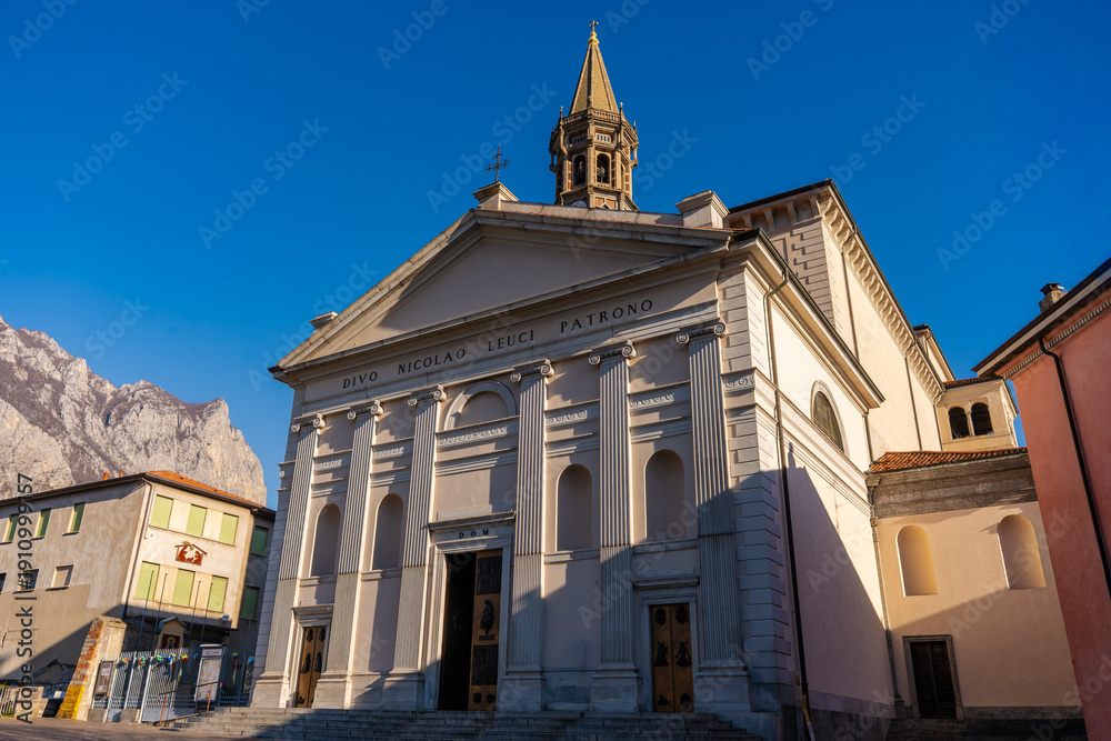 Obraz premium The Minor Basilica of San Nicolò in Lecco, main Catholic church dedicated to sailors' patron saint, built on 14th-century city walls near Lake Como. Lake Como,Italy 07.01.2026