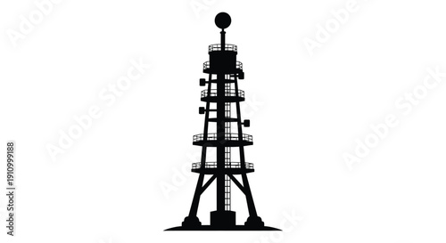 A stark silhouette of a multi tiered lighthouse structure against a white background