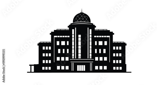 A stark black and white illustration of a classic symmetrical building facade