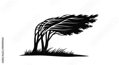 Stylized black and white illustration of trees bending in a strong wind