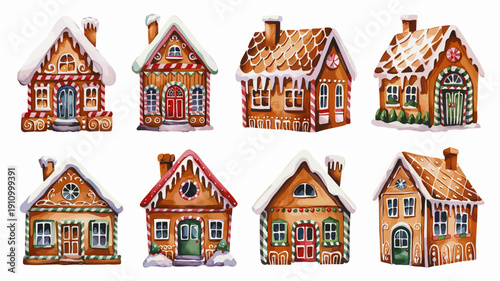 Decorative gingerbread cookies in shape of festive cottages with white snow on roofs for winter holiday treats theme