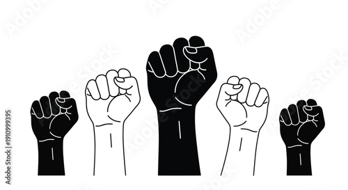 Five raised fists in solidarity depicted in a stark black and white illustration