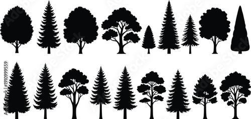 Black Tree Silhouettes Set Featuring Pine Cones, Deciduous Oaks, Fir Forest Elements, Spruce Trees, Nature Landscape Graphics, Timber Icons, and Wooded Foliage