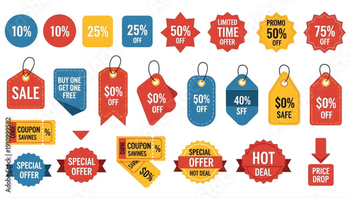 Collection of colorful discount and sale tags