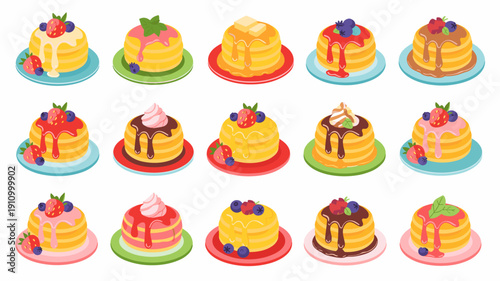Delicious stack of pancakes with various toppings like berries syrup and butter served on plates colorful cartoon style vector