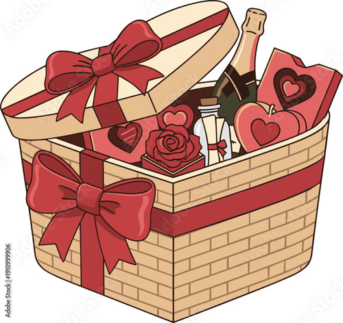 Romantic Valentine Day Gift Basket Vector Illustration Featuring Champagne Bottle Red Roses Heart Chocolates and Love Letter in Woven Hamper
