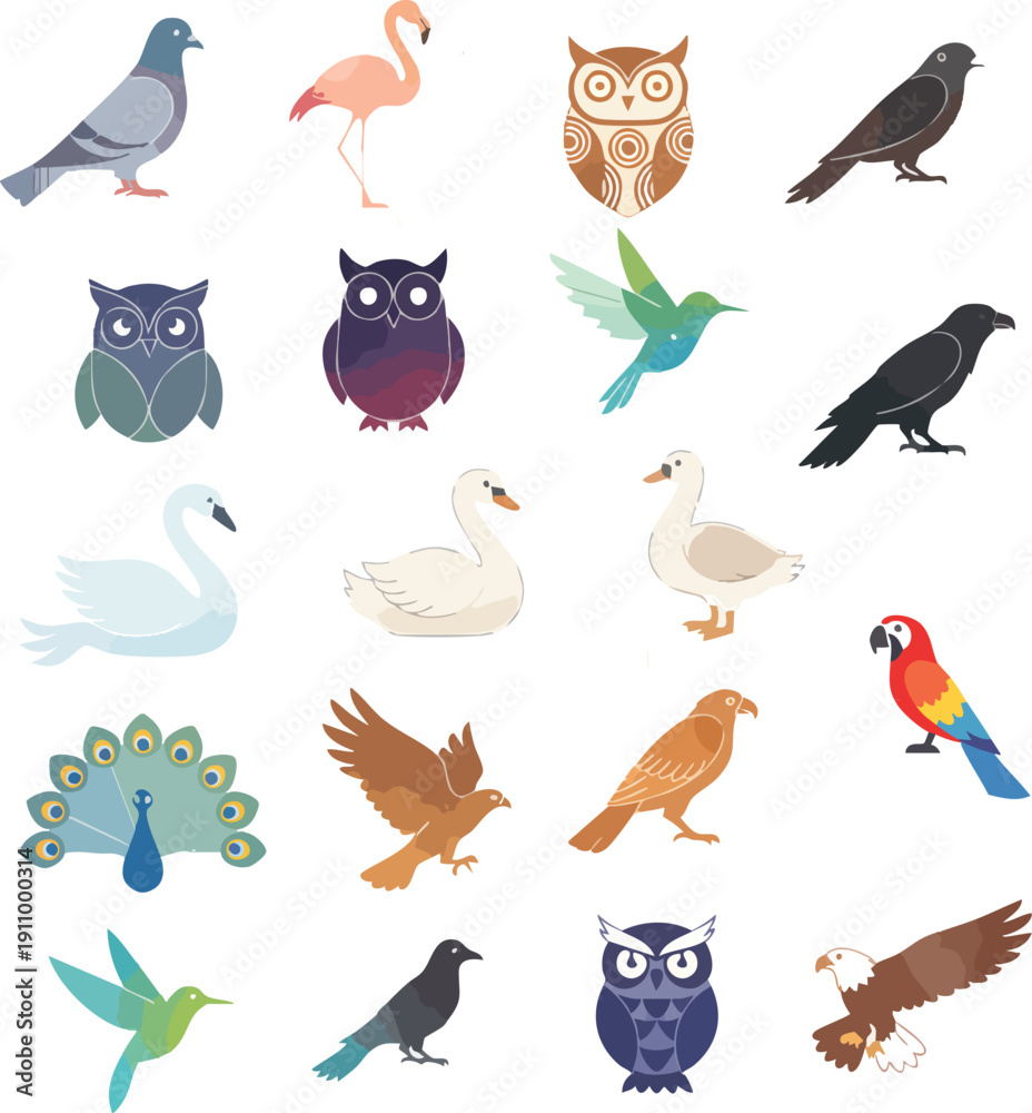 Obraz premium Flat Bird Collection Vector Set – Owl, Eagle, Duck, Swan, Crow, Parrot, Hummingbird, Peacock Isolated Illustration