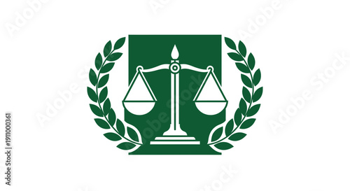 Justice Scale Emblem Surrounded By Laurel Wreath On Green Base, Legal Concept