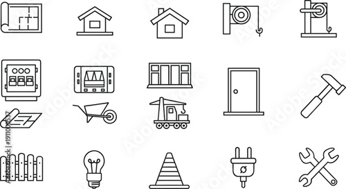 Line art icon set for house construction, architectural blueprint, home renovation tools, building maintenance, electrical work, engineering, and residential property development.