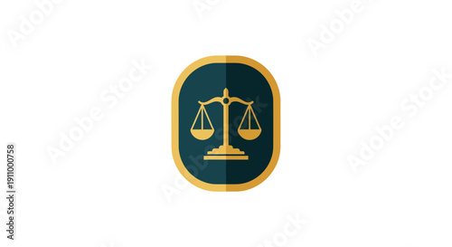 Justice Scales Emblem Design In Gold And Teal Color On White, Legal Concept