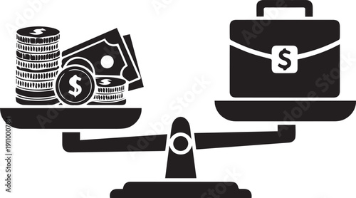 Justice scales balancing money and briefcase vector silhouette illustration line art concept