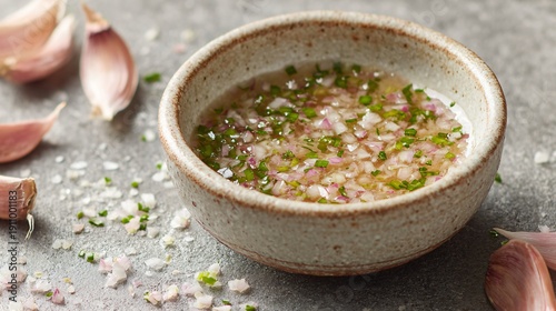 Wallpaper Mural Shallot vinaigrette with finely chopped shallots visible, served in rustic ceramic bowl, muted gray background, natural diffused light Torontodigital.ca