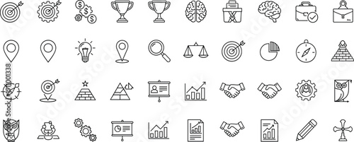 Business strategy and corporate success line icons set, featuring target goals, trophies, financial growth charts, brain ideas, and professional partnership symbols.