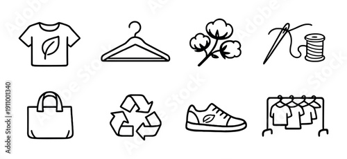 Sustainable fashion icons: clothing, recycling, sewing, cotton, eco-friendly design