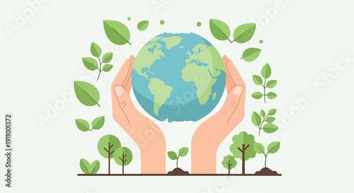 Hands holding a green Earth globe surrounded by leaves and trees, symbolizing environmental protection, sustainability, and nature conservation.