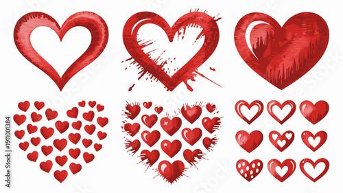 Set of red hearts shapes decorative elements in watercolor style isolated on white background for love celebration design