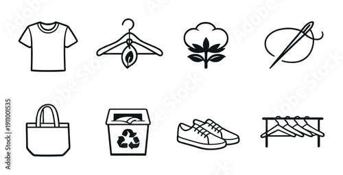 Sustainable fashion icons: t-shirt, recycling, cotton, sewing, sneakers, eco-bag