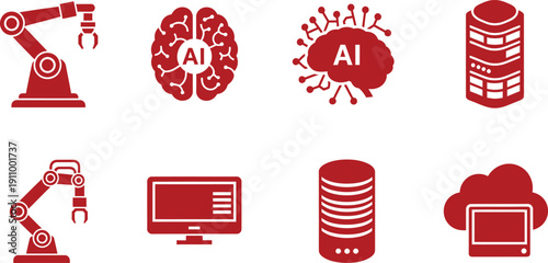 Artificial Intelligence and Data Processing Icons in Red brain machine learning