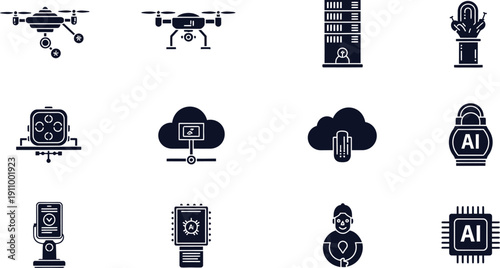 Drone and AI Icons with Cloud Computing and Futuristic Elements Keywords: drone, quadcopter, aerial vehicle, surveillance