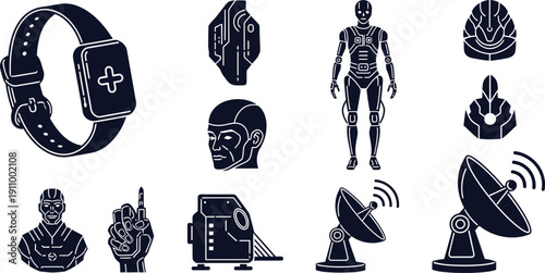 Futuristic Technology Icons with Smartwatch Robot Humanoid and Satellite Dish Keywords: technology, icons, smartwatch, robot
