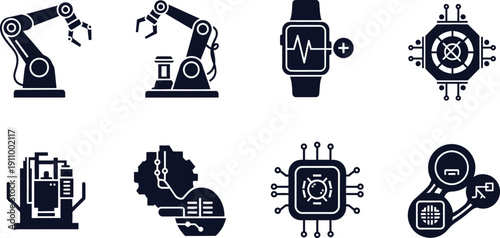 Industrial Robot Arm and Technology Icons Set robotic arm automation