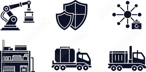 Industrial Robot Arm, Security Shields, and Trucks Icons vector