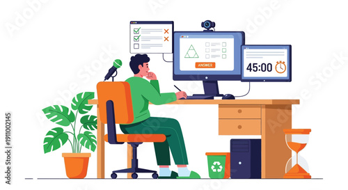 Person sits at a desk with two monitors, focused on work with a timer showing 45:00. Nearby items include a microphone, plants, and an hourglass.