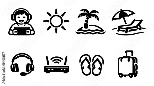 Summer vacation icons: beach, headphones, sunglasses, sun, wifi, travel symbols