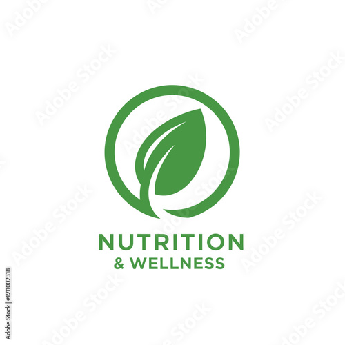 Nutrition and wellness logo design with green leaf inside circle on transparent background