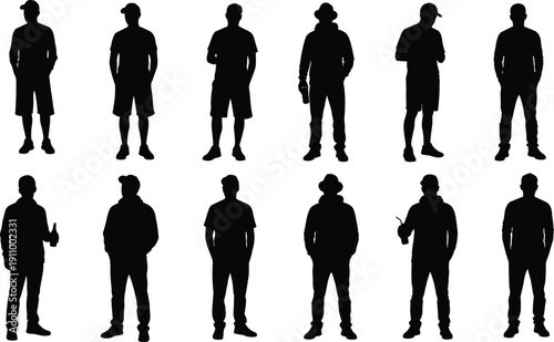 Collection of casual men silhouettes in various standing poses, featuring guys wearing caps, hoodies, shorts, and hats for urban lifestyle design.
