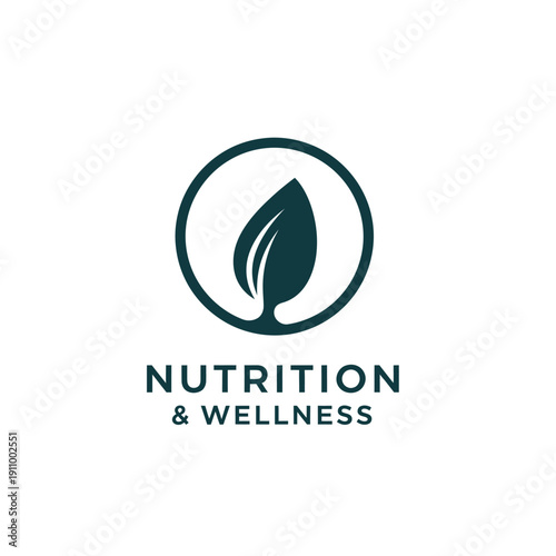 Dark teal nutrition and wellness logo with stylized leaf inside thin circle frame design