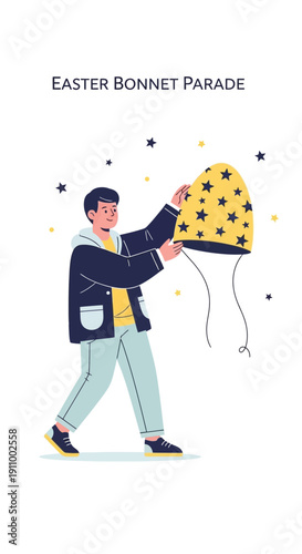 Festive Easter Bonnet Parade Celebration With Character Holding Artistic Headwear