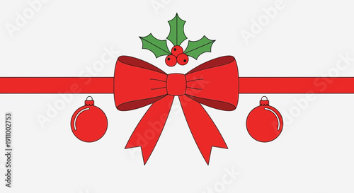 Festive Red Ribbon Bow With Holly And Ornaments Decoration