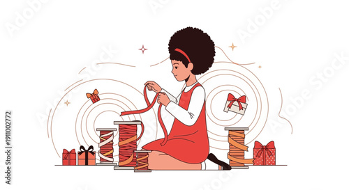 Festive Ribbon Crafting Creative Child Prepares Gifts