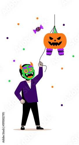 Festive Halloween Character Holding A Pumpkin Pinata Ready For Celebration