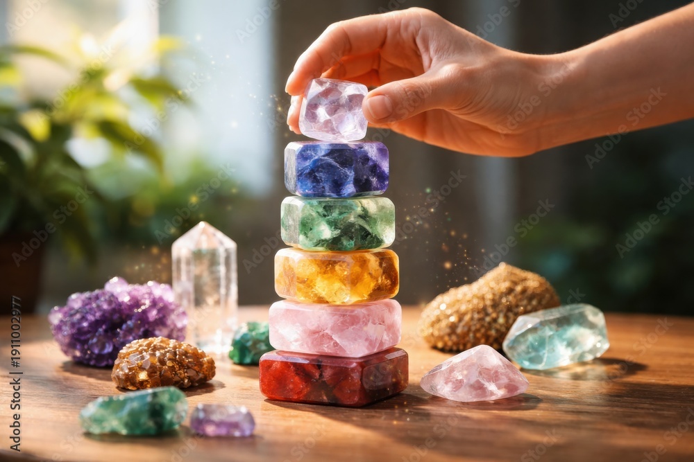 custom made wallpaper toronto digitalA hand places a colorful crystal on a stacked arrangement of stones, surrounded by more gemstones, creating a serene and vibrant atmosphere.
