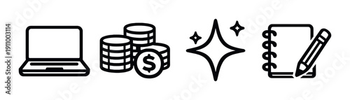 Digital tools and creativity: laptop, coins, sparkle, notebook icon set
