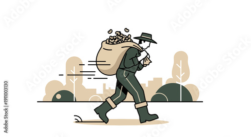 Figure Carrying Harvest Bag Through Stylized Landscape