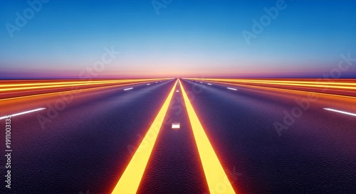 Long straight highway with glowing light trails at twilight dynamic speed and future concept