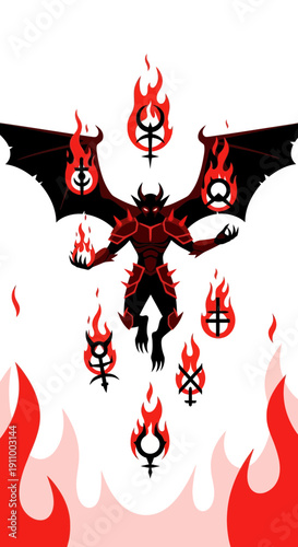 Fiery Demon with Flaming Emblems Ascending Against a White Background Depicting Powerful Imagery