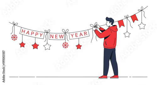 Festive New Year Decoration With Person Hanging Banners And Ornaments