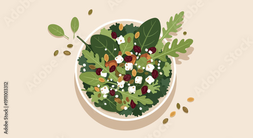 Fresh Salad With Greens, Seeds, and Feta Cheese, Delicious and Healthy