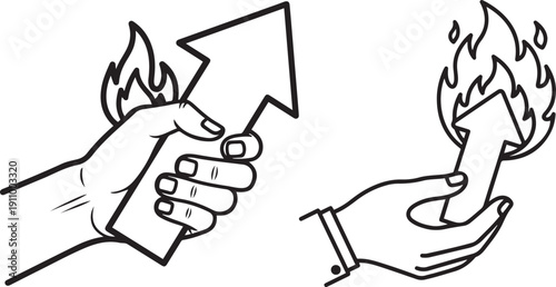 Hands holding upward trending arrows engulfed in flames gripping grasping