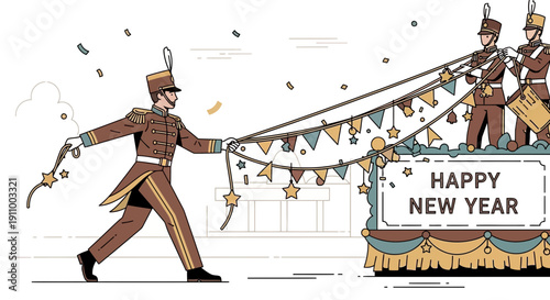Festive Parade Celebrating New Year With Marching Band And Confetti