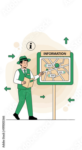 Friendly Guide Explains Directions On An Information Kiosk Map For Tourists