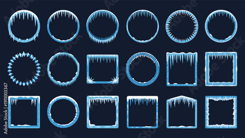 Ice frames with icicles and snow border decoration set for winter theme vector