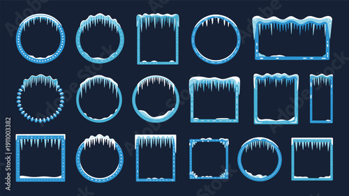 Decorative winter ice frames with icicles and snowflakes border set vector art